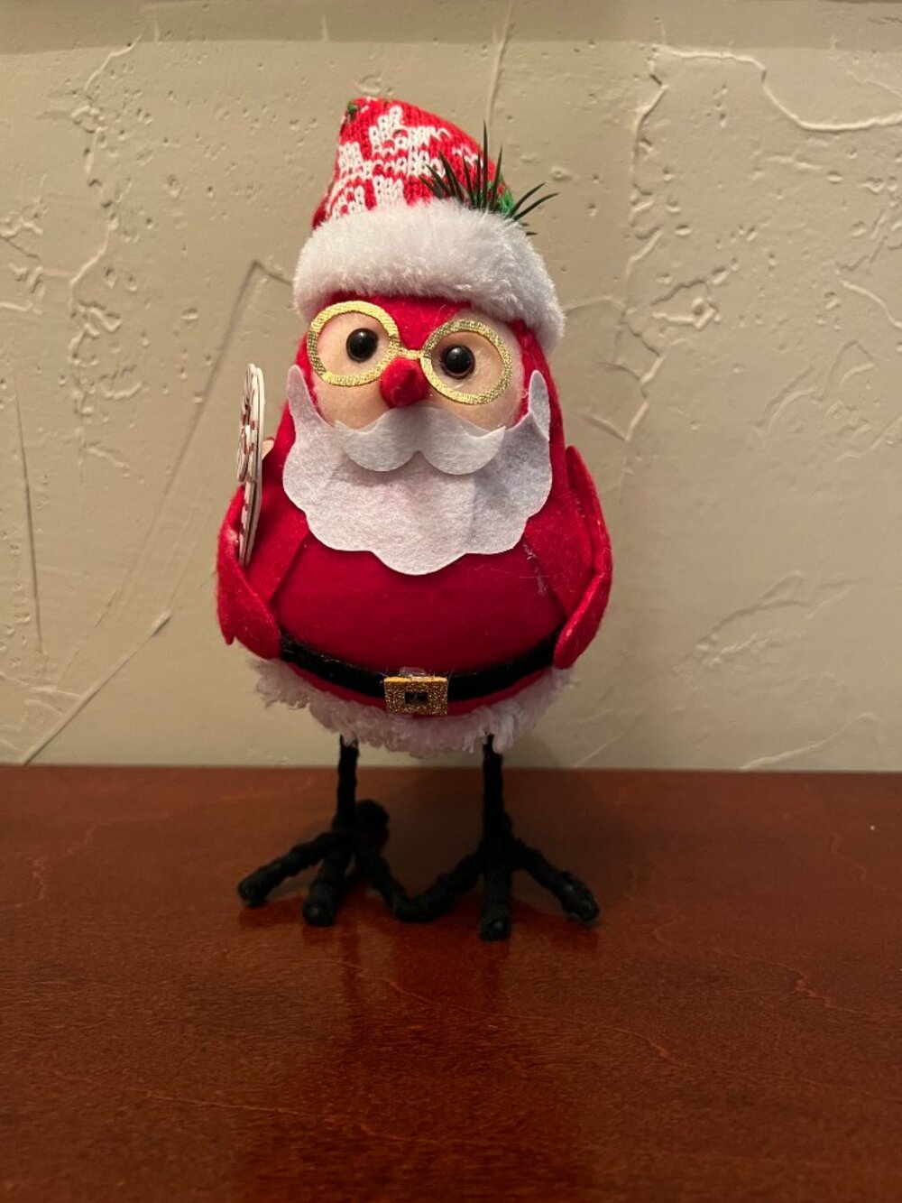 Christmas Santa Bird Figurine Red Felt Candy Cane Glasses Holiday Tabletop Decor